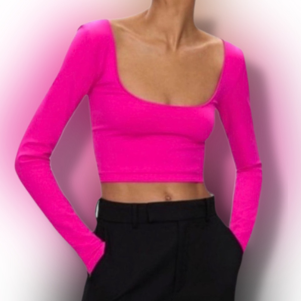 Aritzia Babaton Sculpt Knit Squareneck Cropped Longsleeve Top - Hot Pink XS/S